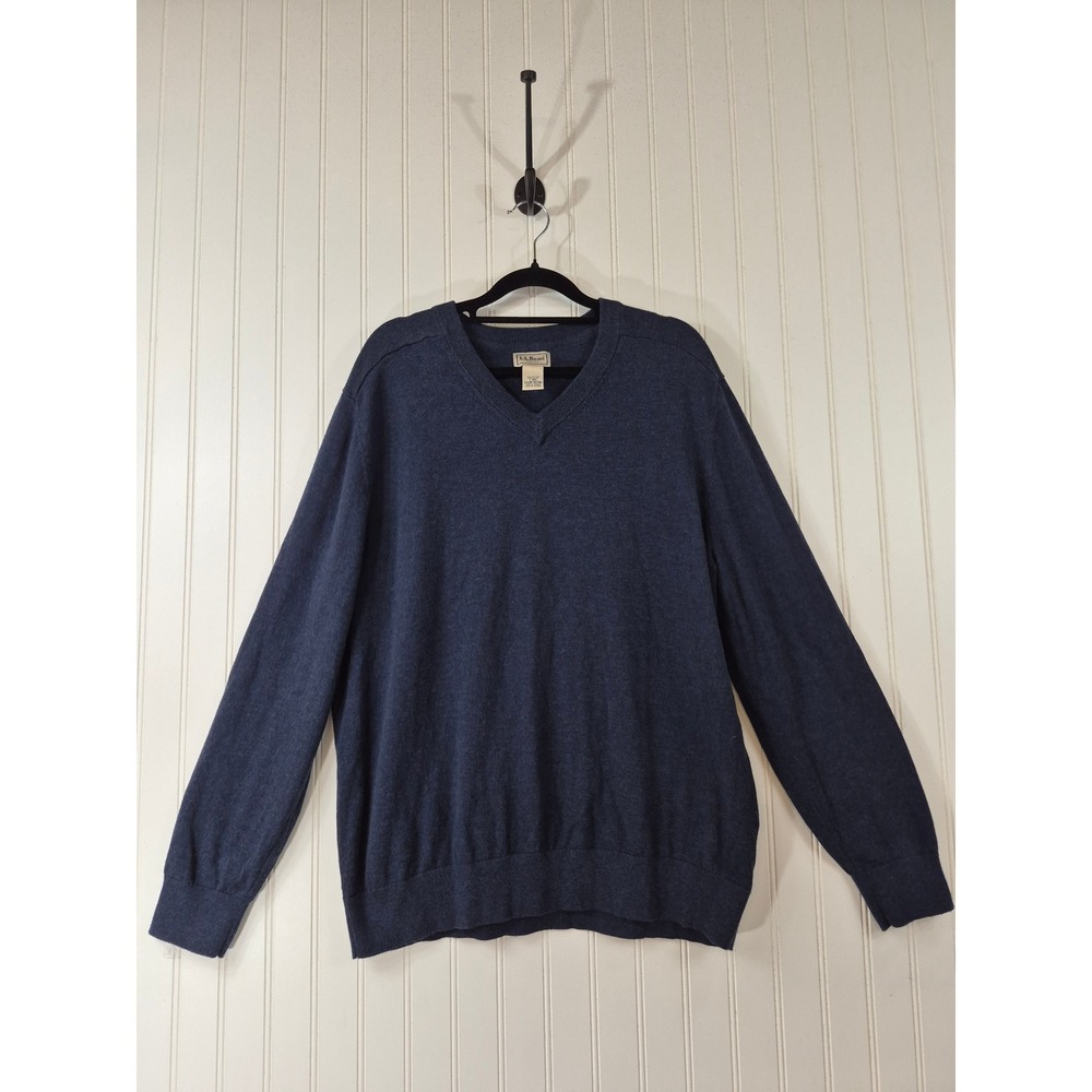 LL Bean Mens Blue V-Neck Cotton Nylon Blend Pullover Sweater Size L Preppy Cozy